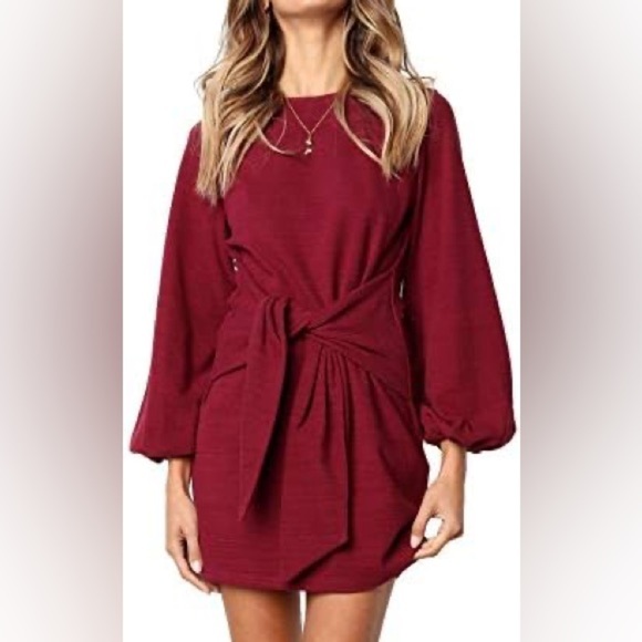 American Threads Red Dress Long Sleeve Bow Tie Waist Mini Length Holiday Dress - Picture 7 of 7